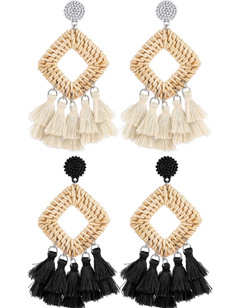 meekoo 2 Pairs Rattan Tassel Earrings for Women Bohemian Woven Earrings Summer Beach Jewelry Gifts(Black and White) - Image 1